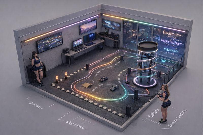 Arcadia night city concept art with RC vehicle